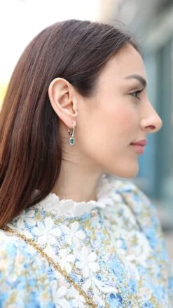 Moxie Emerald Green Borderset Drop Earrings White Gold Plated -Lustre Jewelry Shop MOXIEEMERALDGREENBORDERSETDROPEARRINGS334